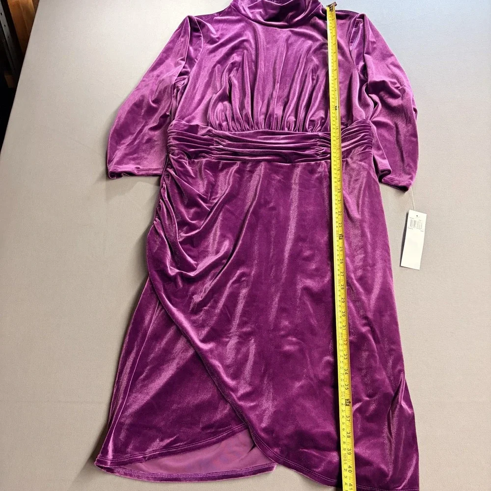 London Times Woman 14W Purple Velvet Mock Neck Ruched Tulip Dress NWT T6429W